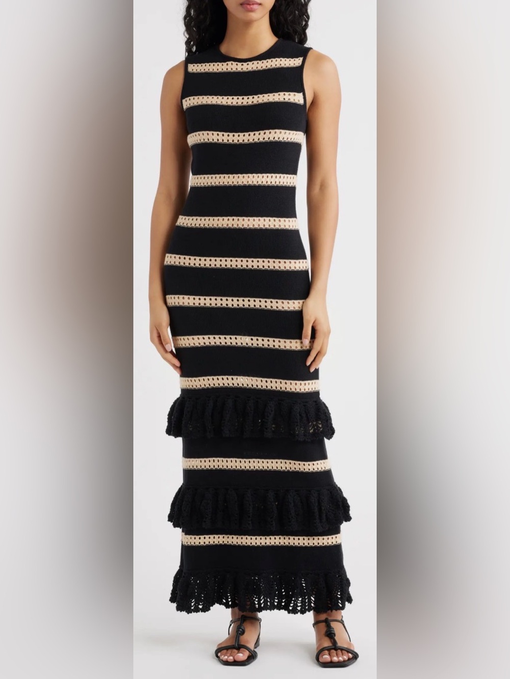 NEW RAILS Ana Stripe Crochet Cotton Blend black oats color Knit Midi Dress sz M